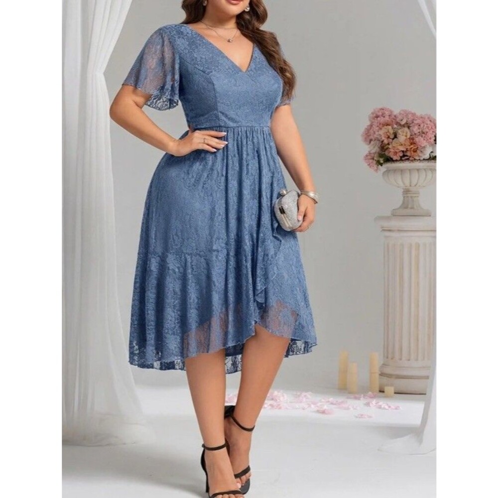 Ever Pretty Dress 1X Ruffle Short Sleeve Lace A-Line Formal Evening Blue NEW